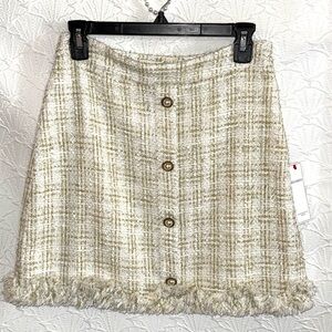 Aura Cream and Gold Tweed Mini Skirt with Button Front